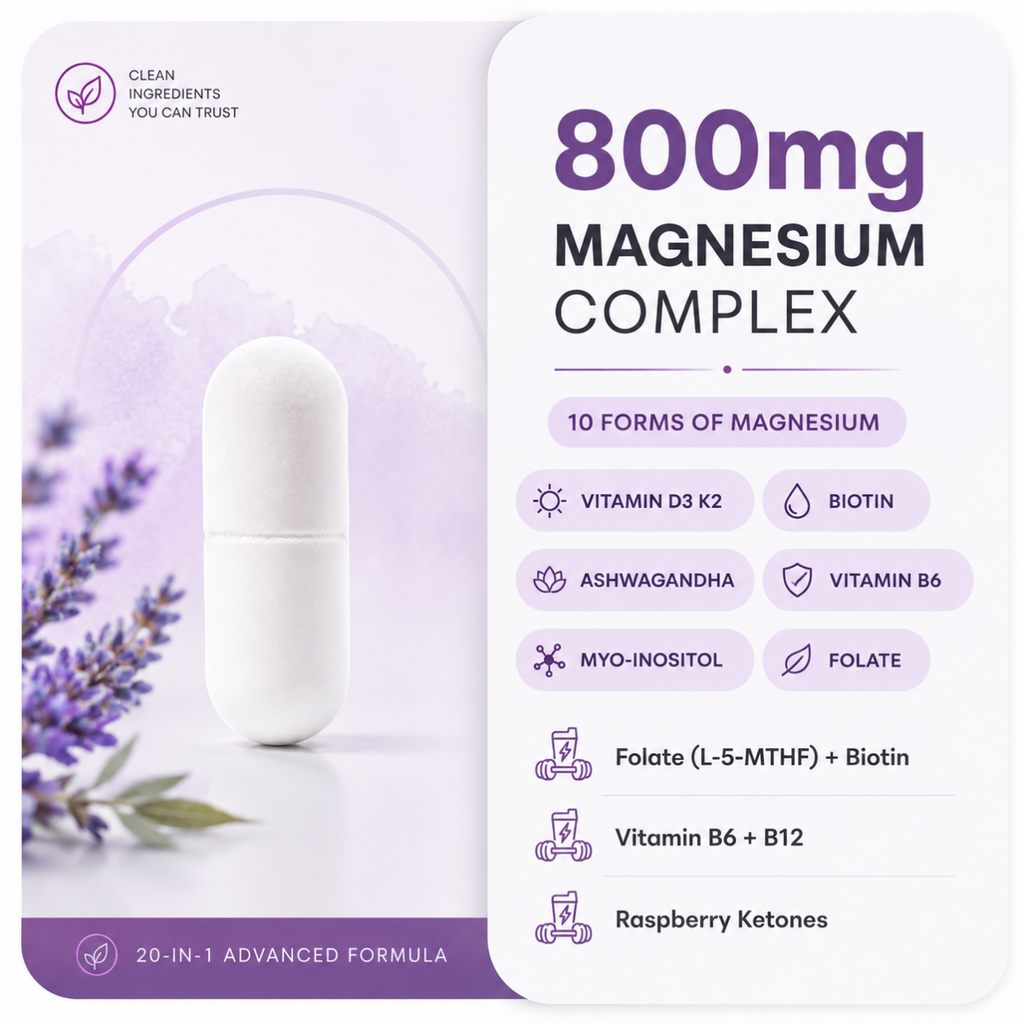 20-in-1 Magnesium Complex for Women | 800mg | D3 + K2 | Ashwagandha | 240 Capsules
